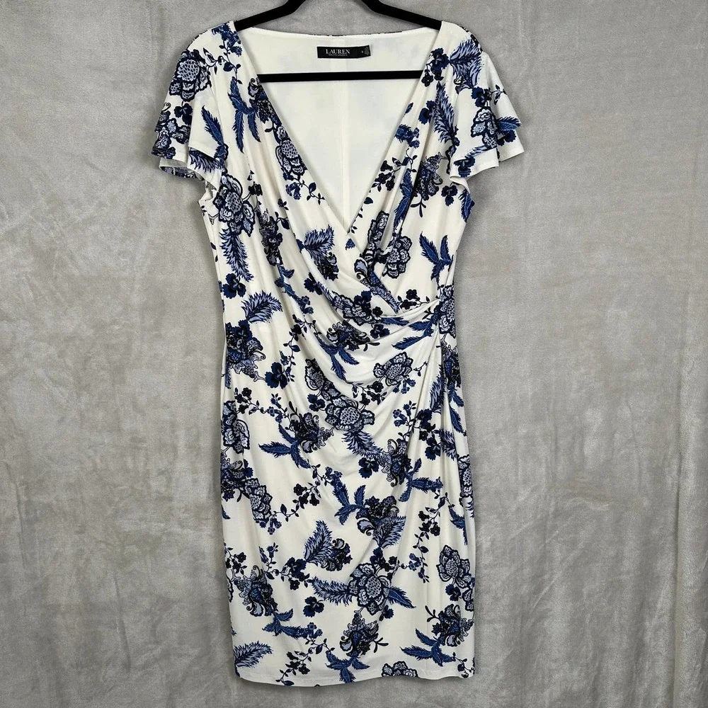 Ralph Lauren LRL Dress Womens 12 Blue Floral Faux Wrap Ruffle Sleeve Office